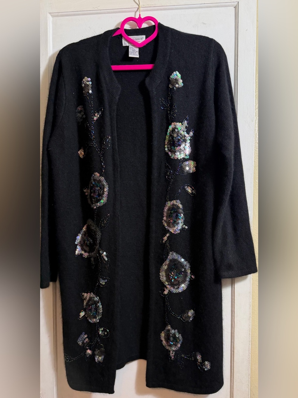 Victor Costa Black Open-Front Cardigan with Iridescent Sequin Floral Embroidery
